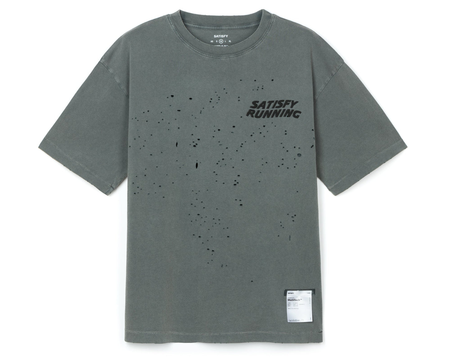 MothTech T-Shirt Faded Black - vista frontal de la prenda con logo Satisfy Running