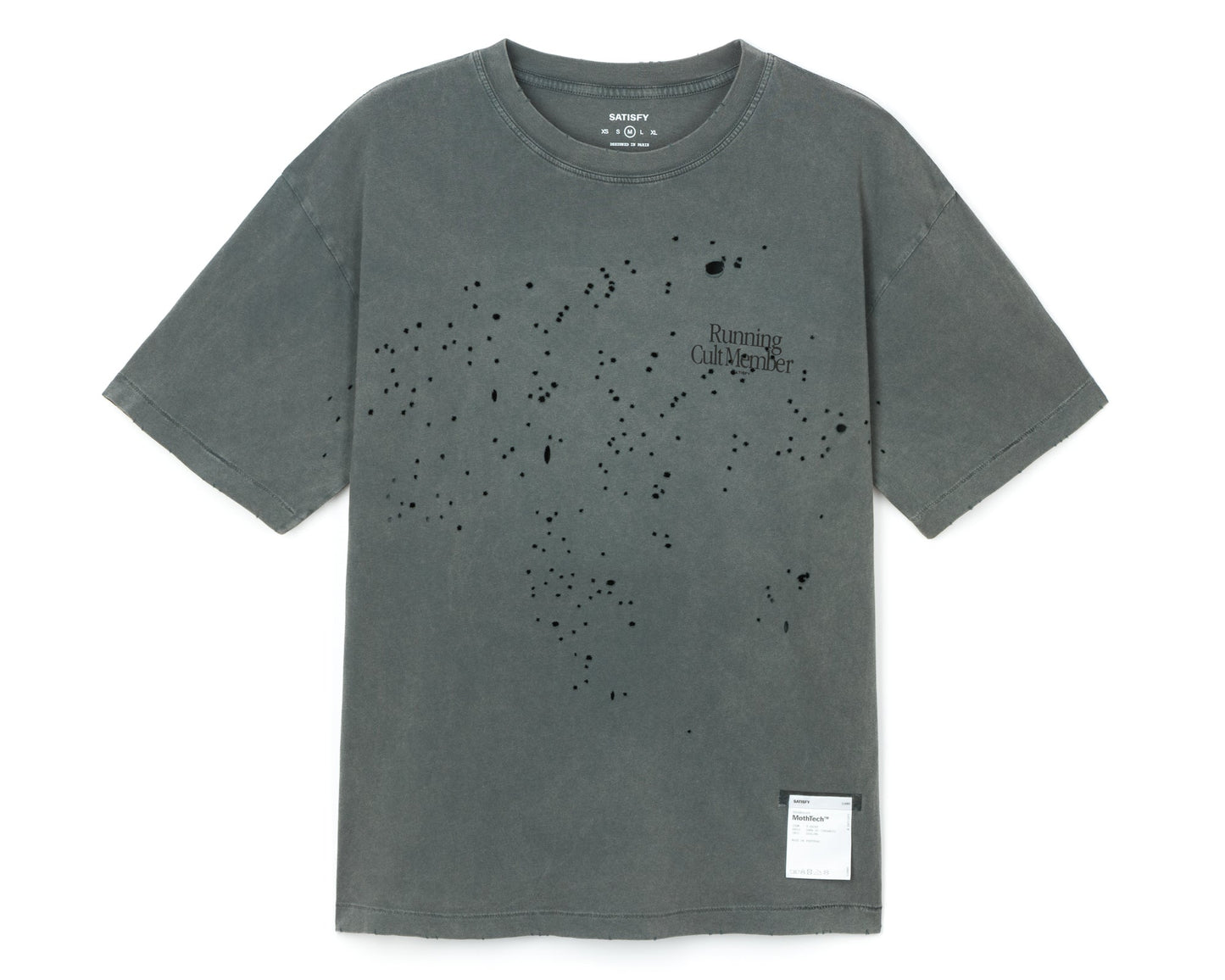 MothTech T-Shirt Faded Black - vista frontal de la prenda con estampado Running Cult Member