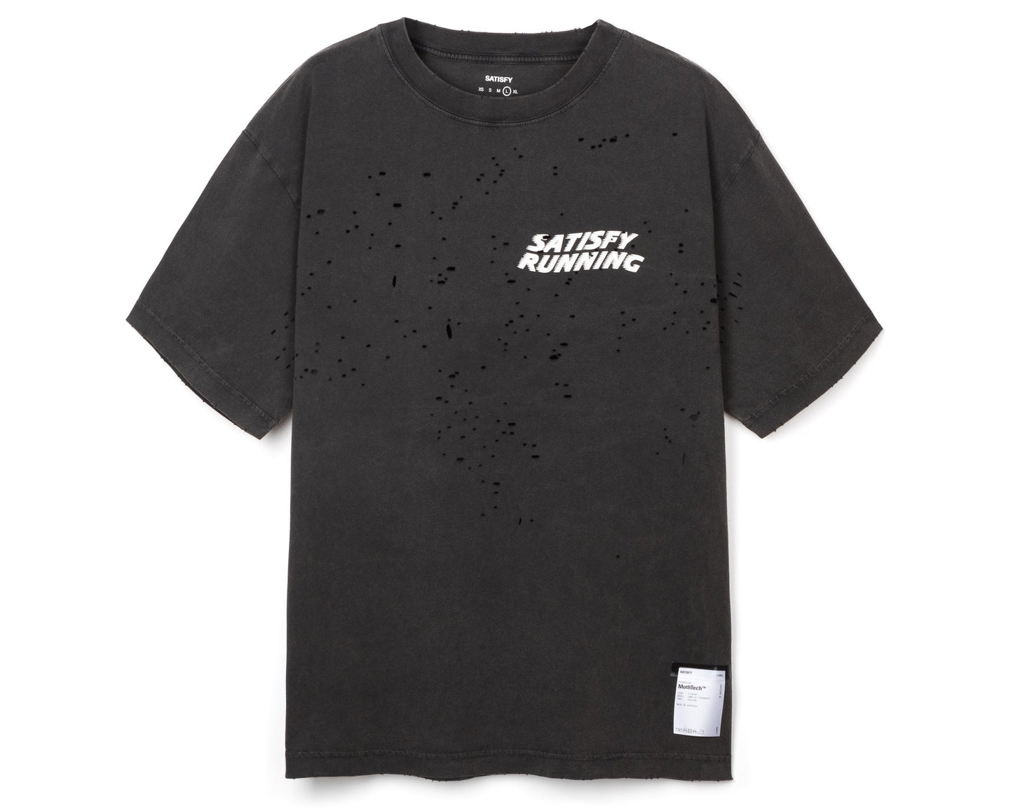 MothTech T-Shirt Aged Black - vista frontal de la prenda con logo Satisfy Running