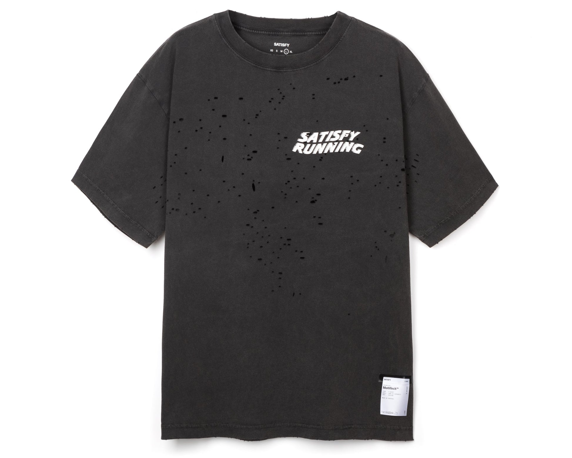 MothTech T-Shirt Aged Black - vista frontal de la prenda con logo Satisfy Running