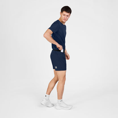 Short de running SAYSKY Flow 5" para hombre, color azul - vista lateral en modelo