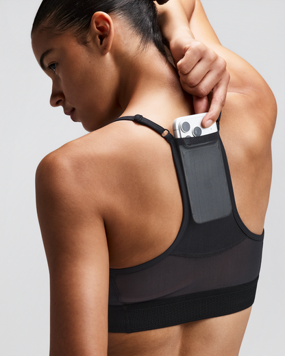 Women's Vanisher Strappy Run Bra Anthracite - detalle bolsillo impermeable en la espalda